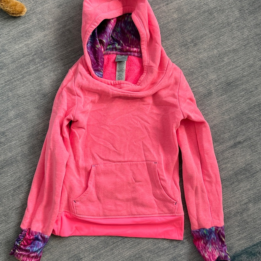 Champion Pink Hoodie with Purple Tie-Dye Wrist and Hood Lining.
